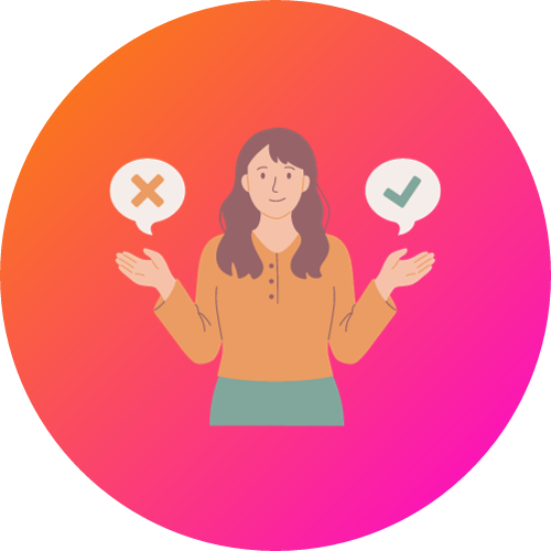 Woman standing in the middle of a checkmark and cross