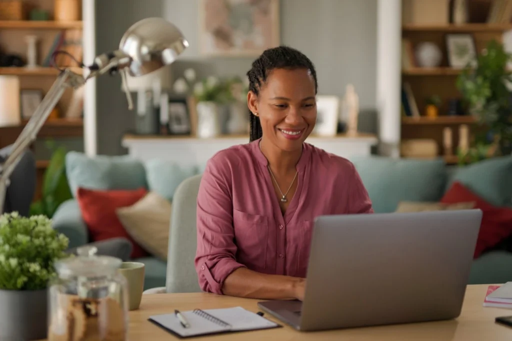 Happy professional woman sitting at desk using laptop to make NDIS referral